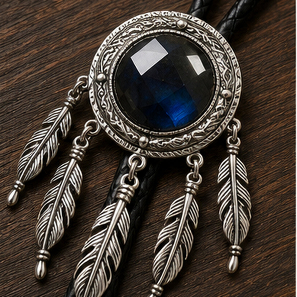Close-up detail of natural labradorite stone and antique silver dreamcatcher feather frame
