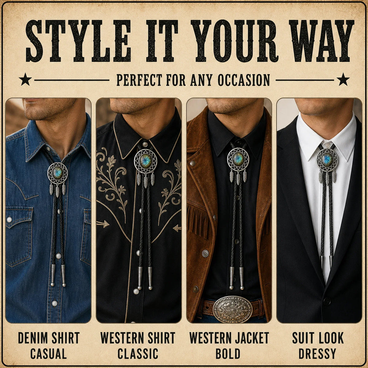 Style it your way outfit guide for Dreamcatcher Labradorite Bolo Tie with denim shirt, western shirt, western jacket, and suit looks