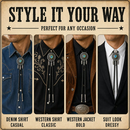 Style it your way outfit guide for Dreamcatcher Labradorite Bolo Tie with denim shirt, western shirt, western jacket, and suit looks