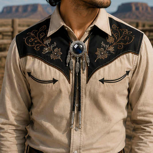 Dreamcatcher Labradorite Bolo Tie styled on embroidered western shirt