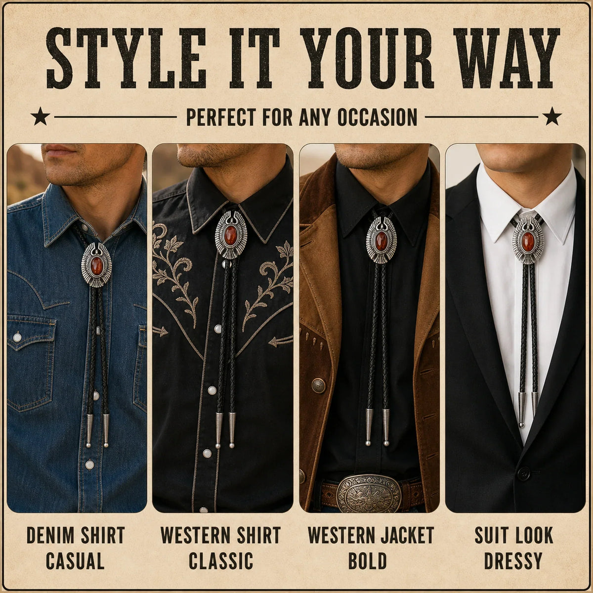 Style it your way outfit guide for Eagle Eye Red Tiger Eye Bolo Tie with denim shirt, western shirt, western jacket, and suit looks