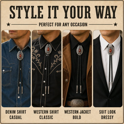 Style it your way outfit guide for Eagle Eye Red Tiger Eye Bolo Tie with denim shirt, western shirt, western jacket, and suit looks