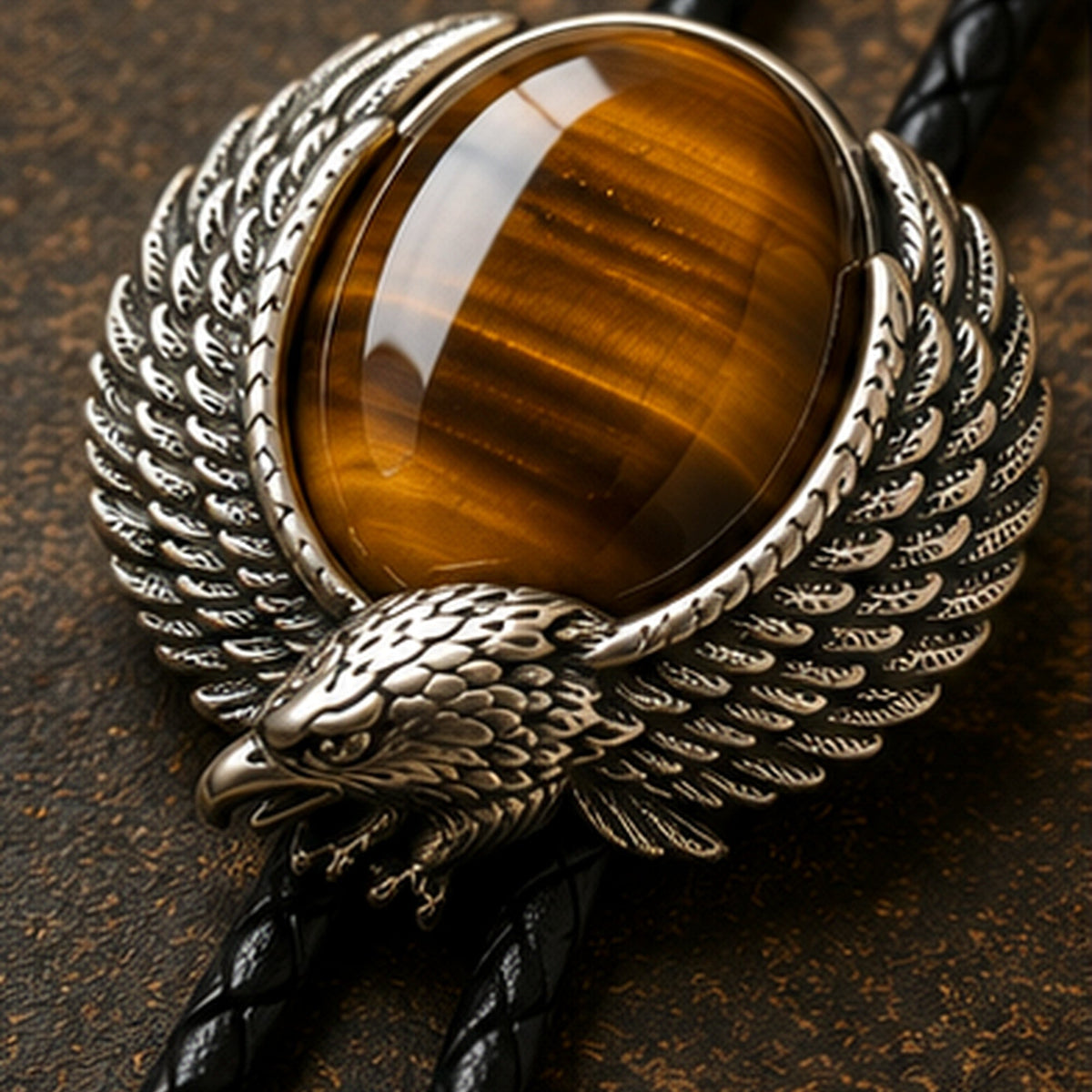 Close-up detail of natural tiger eye stone and antique silver eagle bolo tie frame