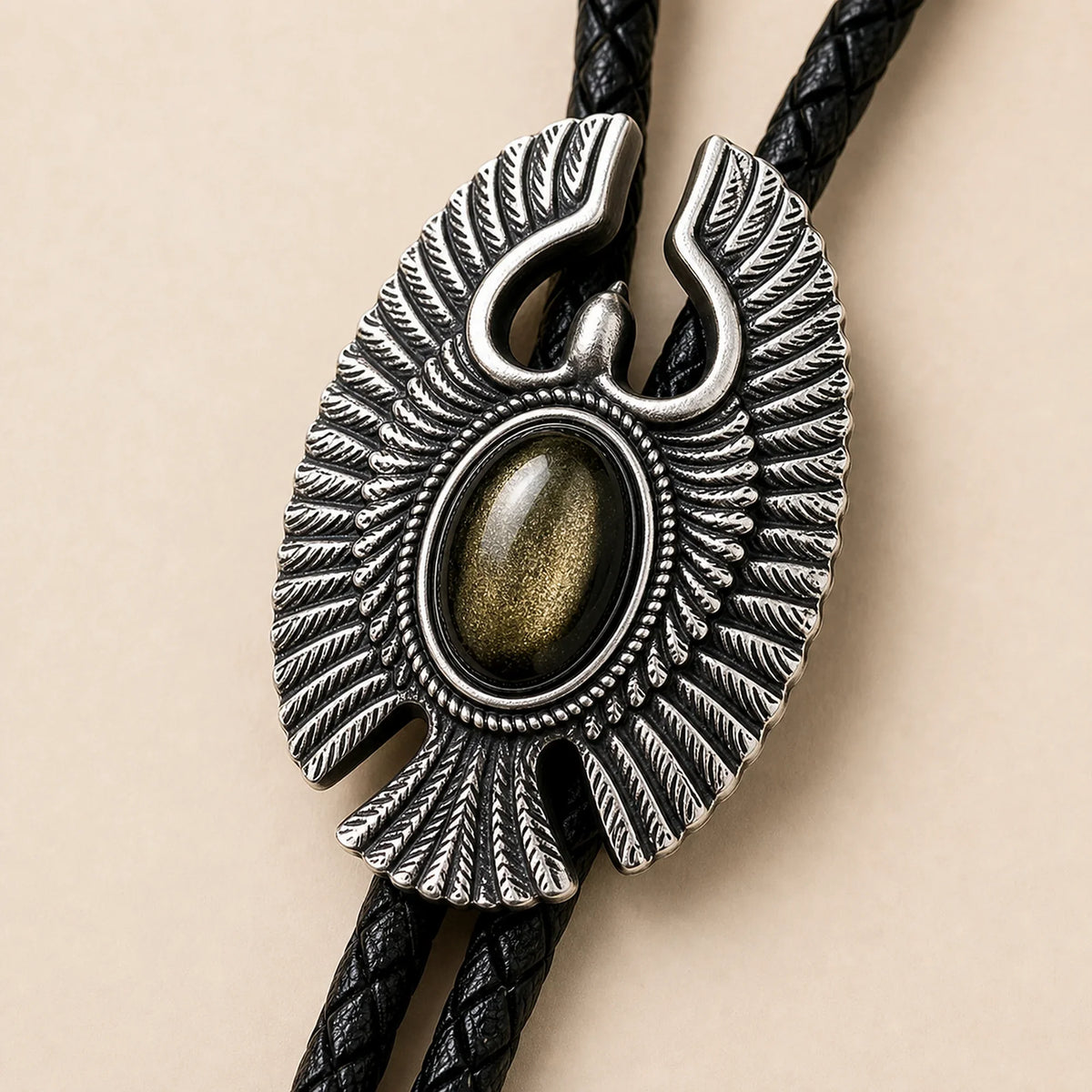 Close-up of golden obsidian stone and antique silver eagle wing details on bolo tie