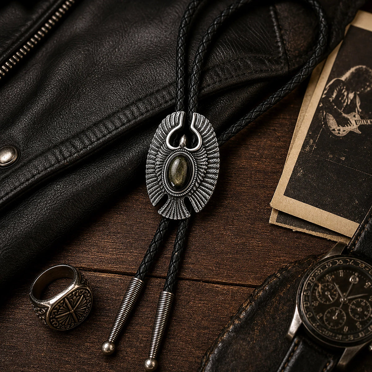Golden obsidian eagle bolo tie in modern western leather and silver accessory flat lay