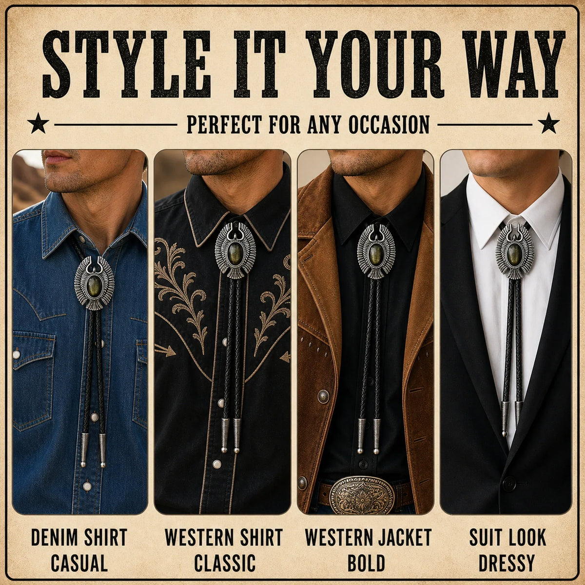 Style it your way outfit guide for Eagle Wing Golden Obsidian Bolo Tie with denim shirt, western shirt, western jacket, and suit looks