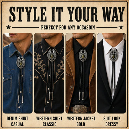Style it your way outfit guide for Eagle Wing Golden Obsidian Bolo Tie with denim shirt, western shirt, western jacket, and suit looks