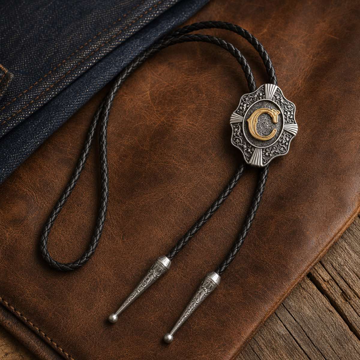 Gold initial C antique silver Western bolo tie with denim and leather