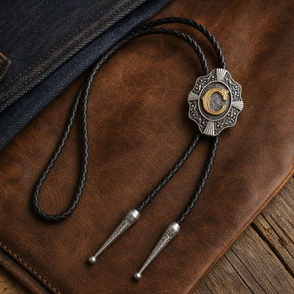 Gold initial C antique silver Western bolo tie with denim and leather