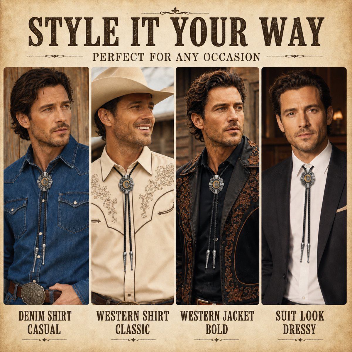 Four ways to style the gold initial C antique silver Western bolo tie