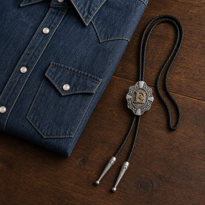 Gold letter E bolo tie beside an indigo Western shirt