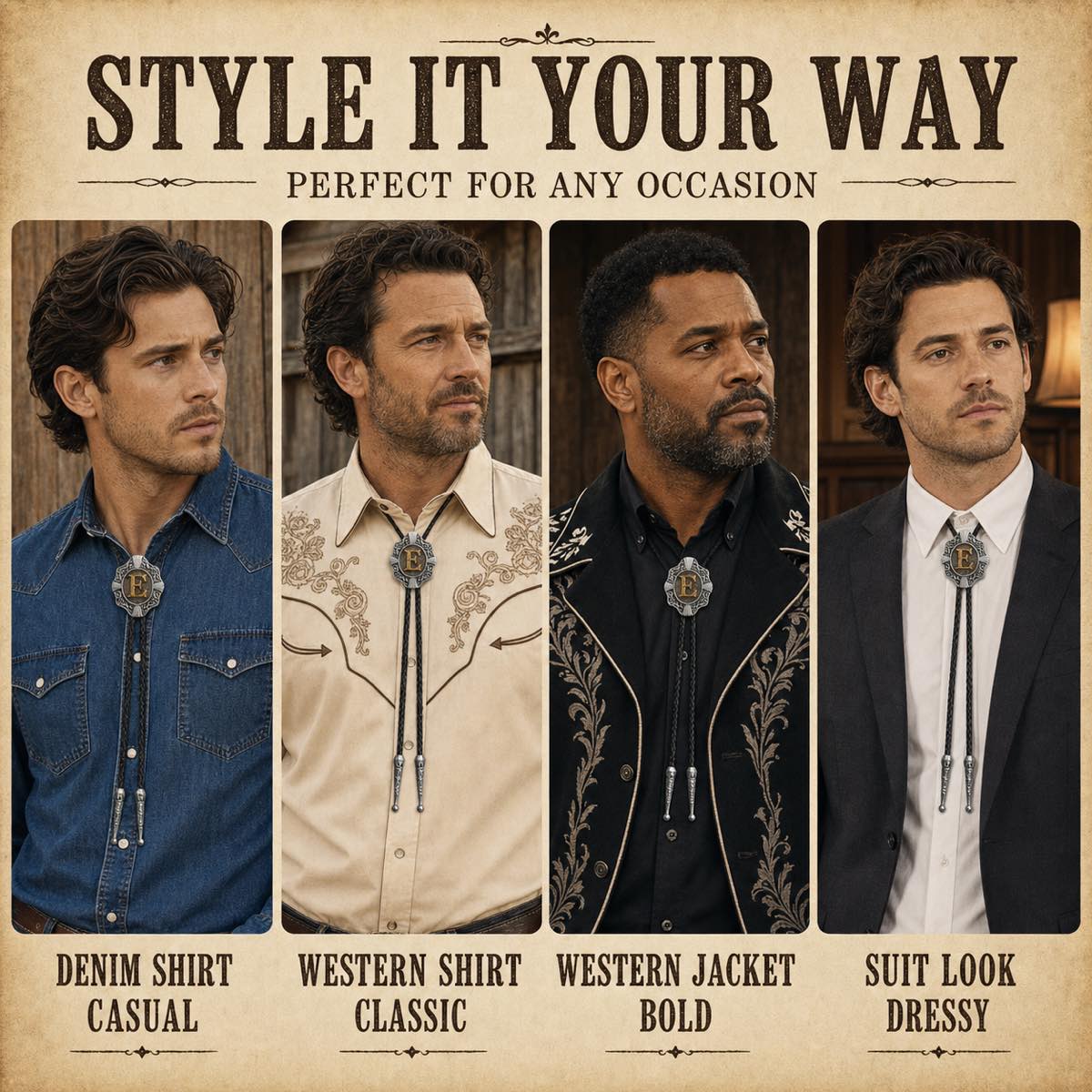 Four ways to style a gold letter E Western bolo tie