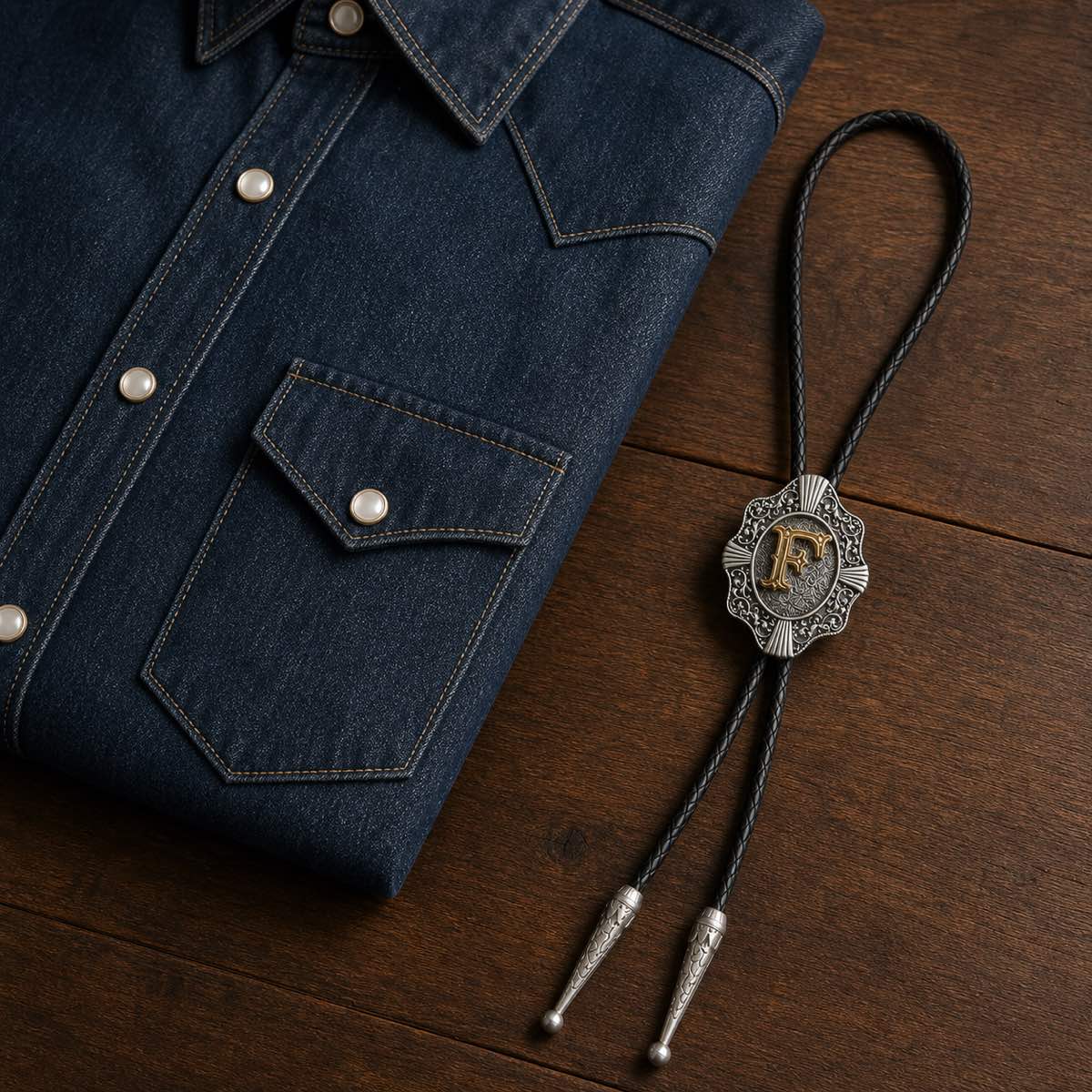 Gold letter F bolo tie beside an indigo Western shirt