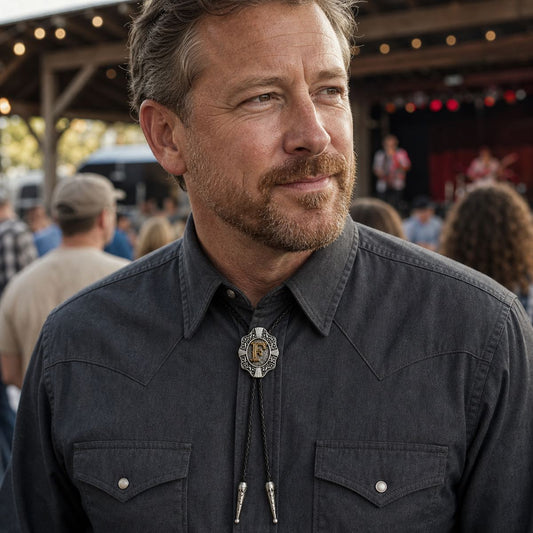 Man wearing a gold letter F Western bolo tie