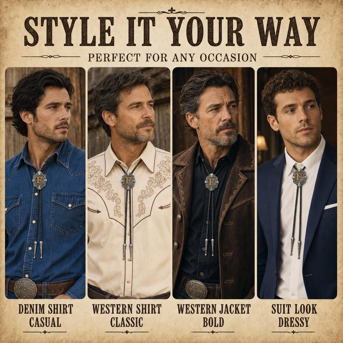 Four ways to style a gold letter F Western bolo tie