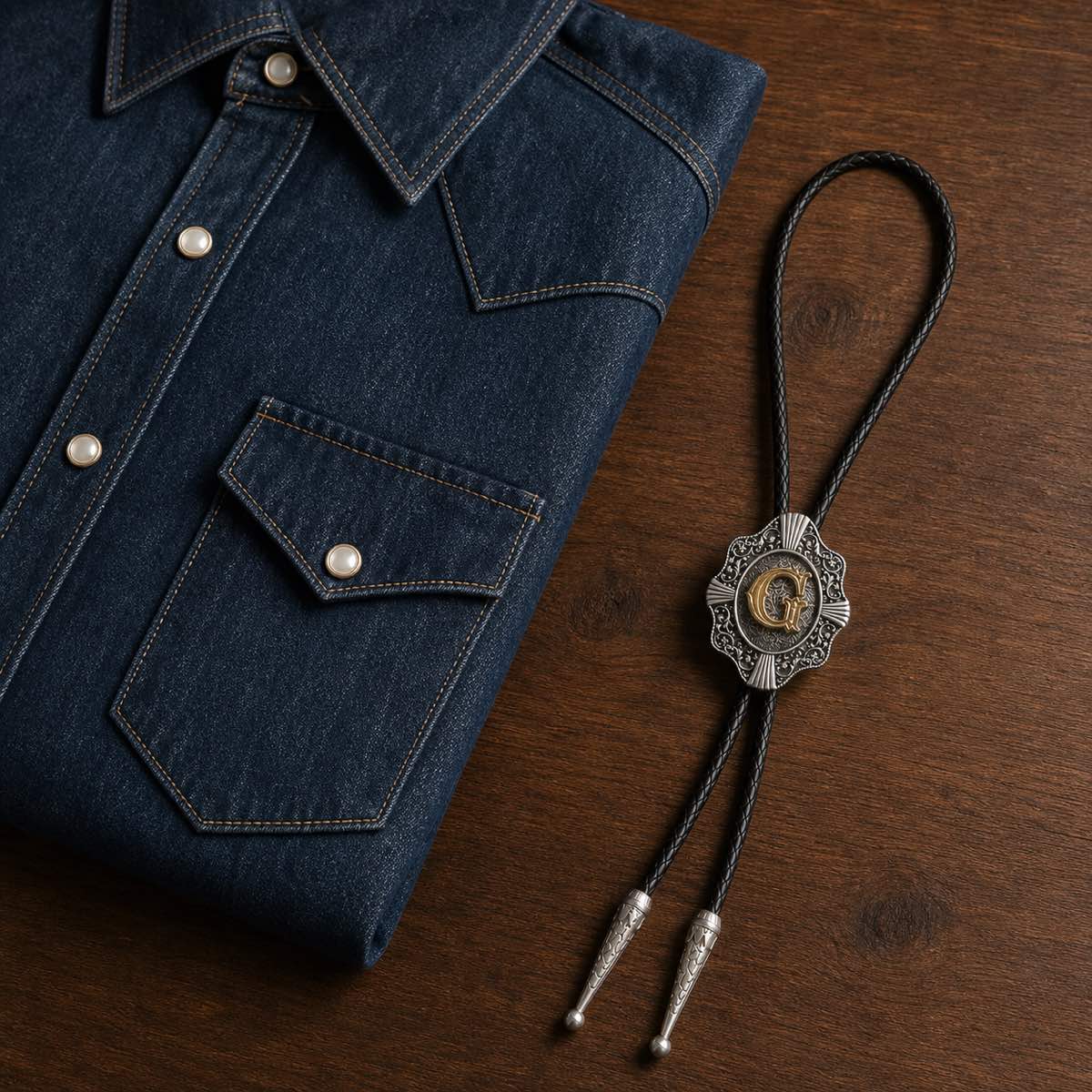 Gold letter G bolo tie beside an indigo Western shirt