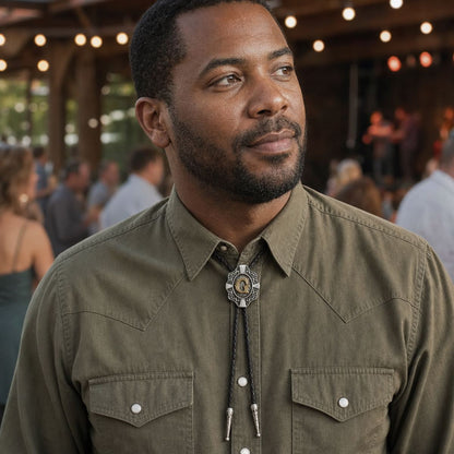 Man wearing a gold letter G Western bolo tie