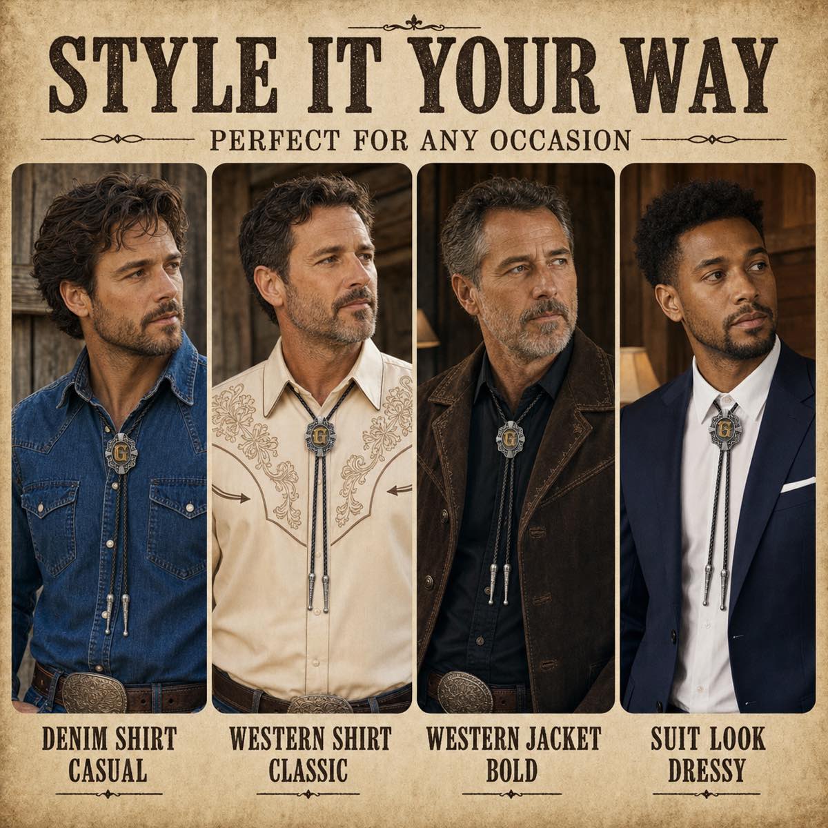 Four ways to style a gold letter G Western bolo tie