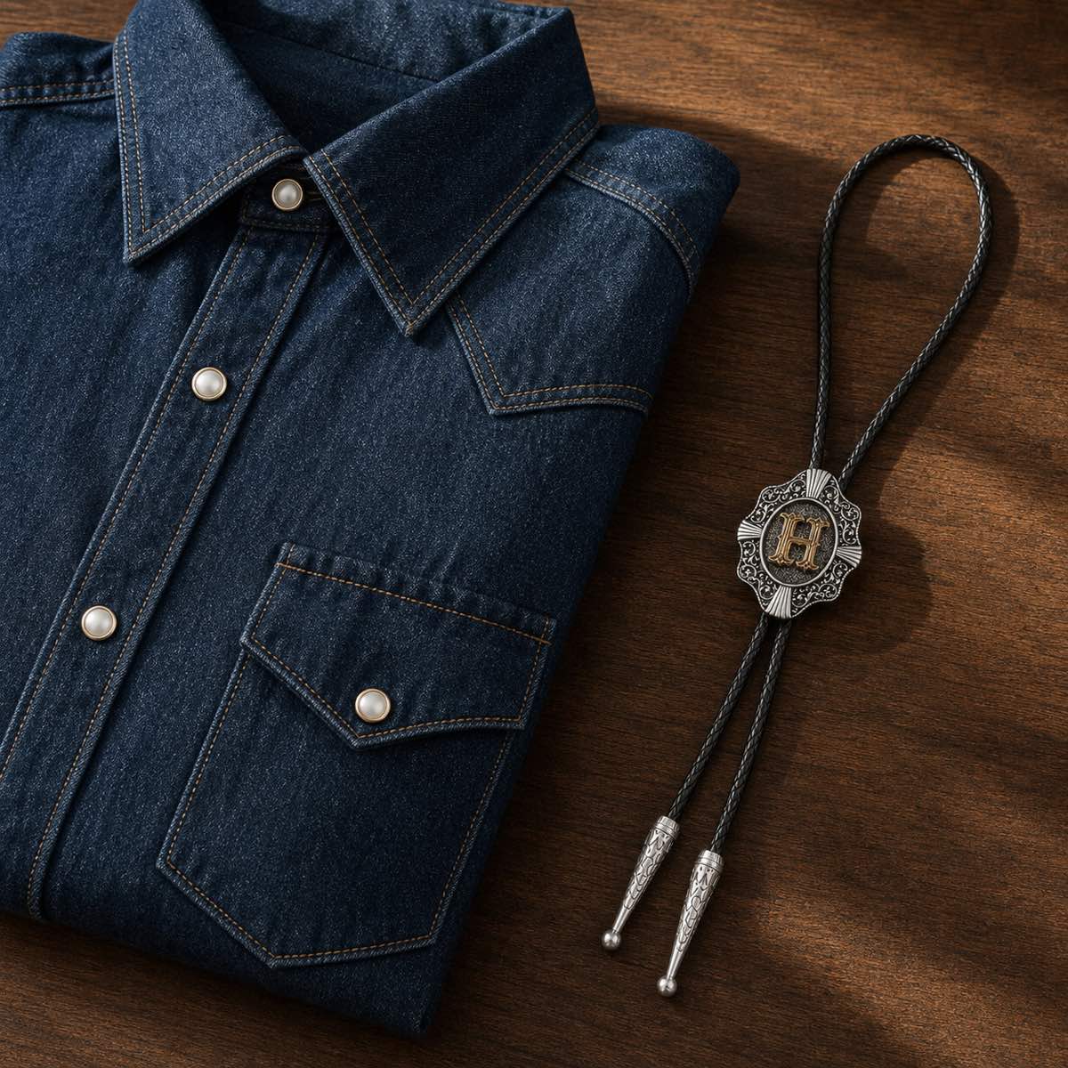 Gold letter H bolo tie beside an indigo Western shirt