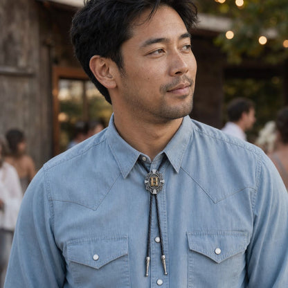 Man wearing a gold letter H Western bolo tie