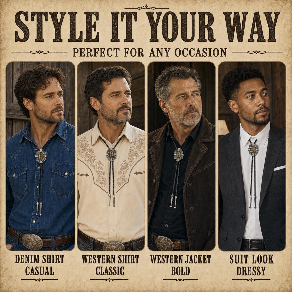 Four ways to style a gold letter H Western bolo tie