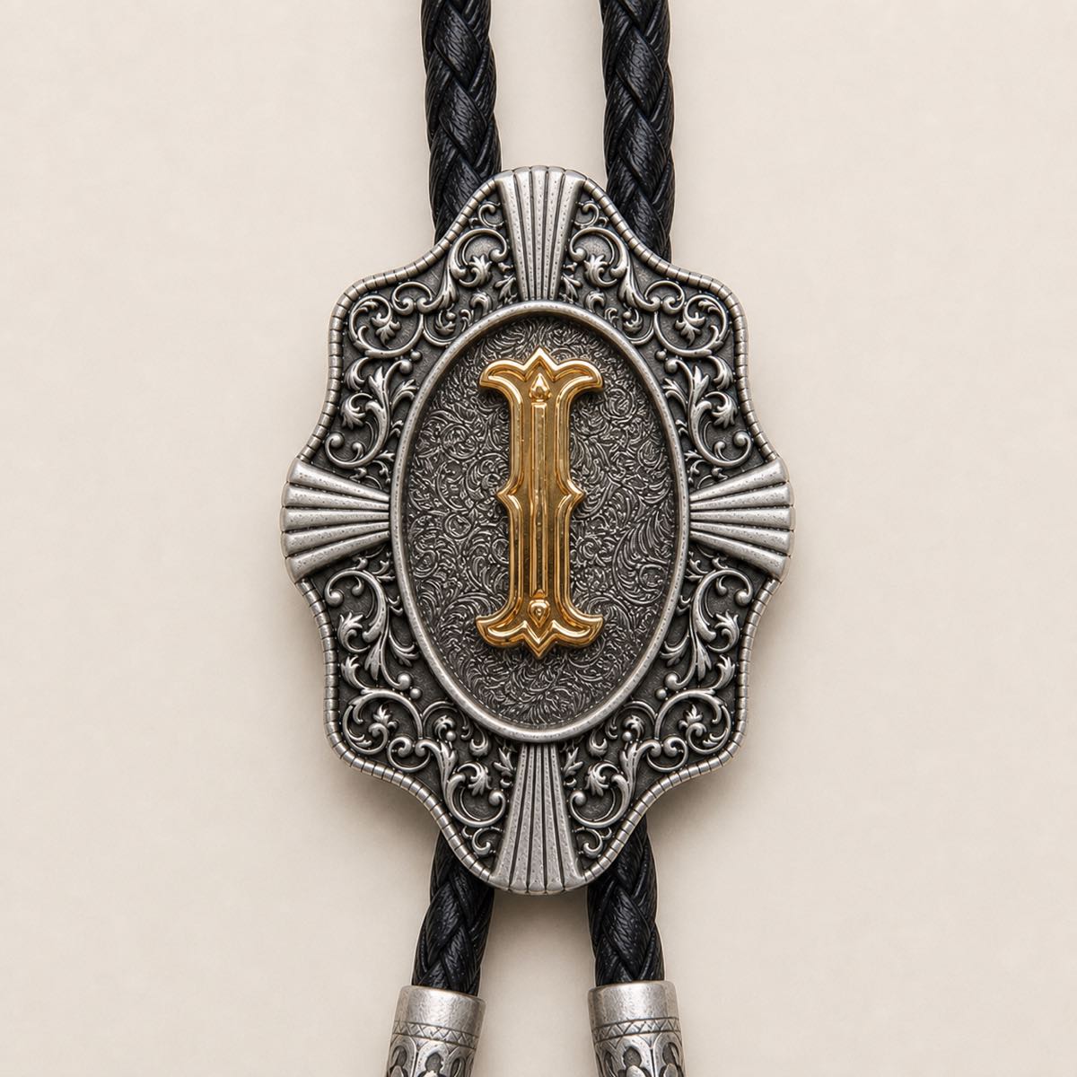 Detailed view of ornate gold letter I bolo tie slide