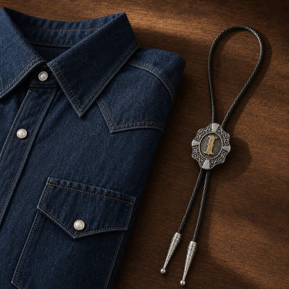 Gold letter I bolo tie beside an indigo Western shirt