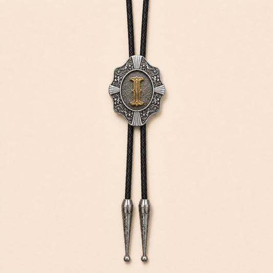 Gold letter I Western bolo tie on warm ivory background