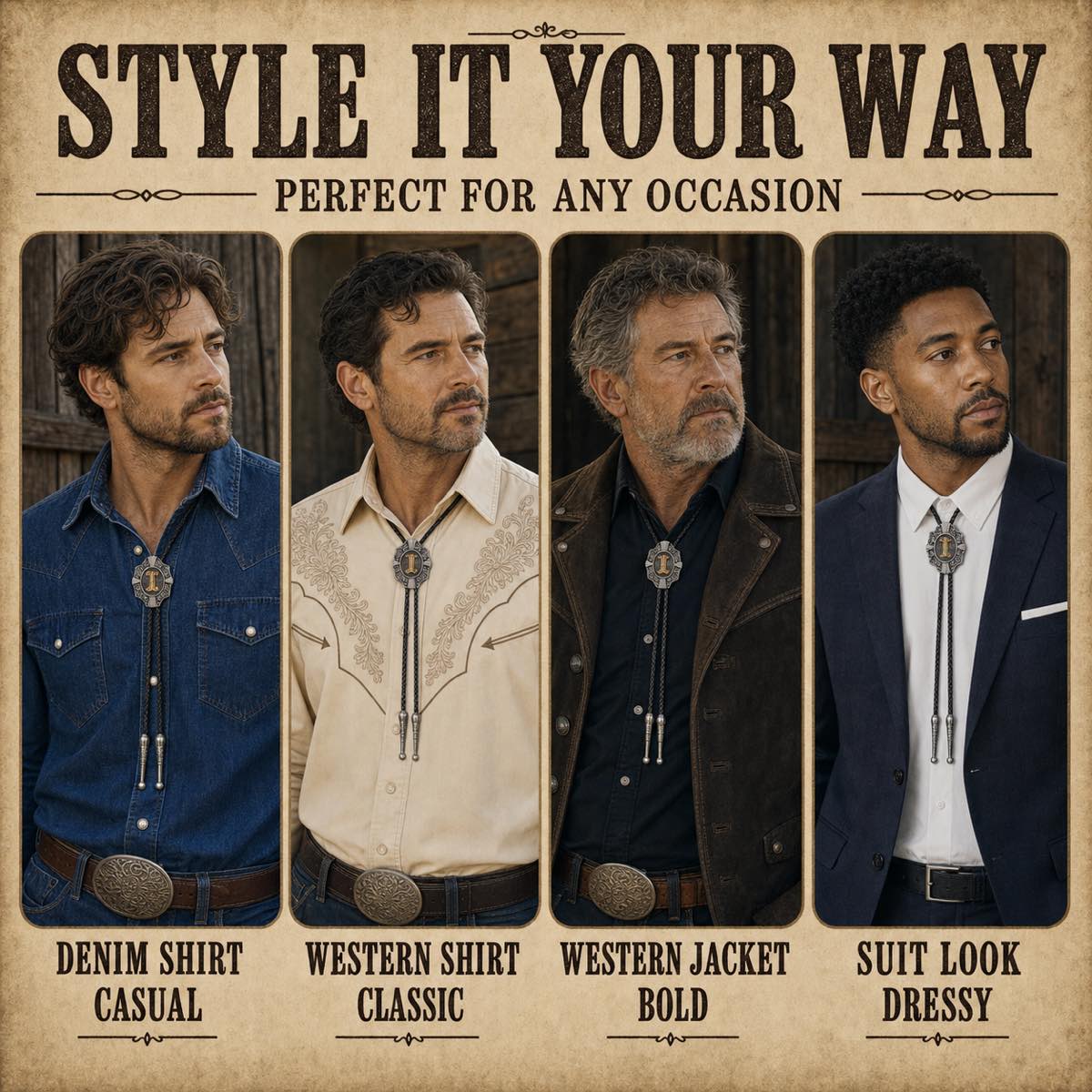 Four ways to style a gold letter I Western bolo tie