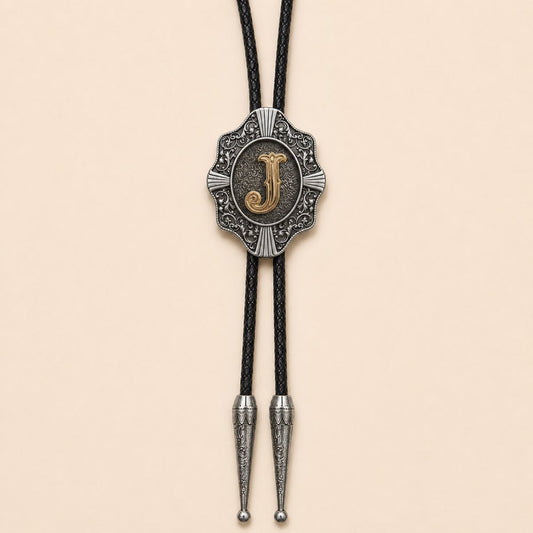 Gold letter J Western bolo tie full product on warm ivory background