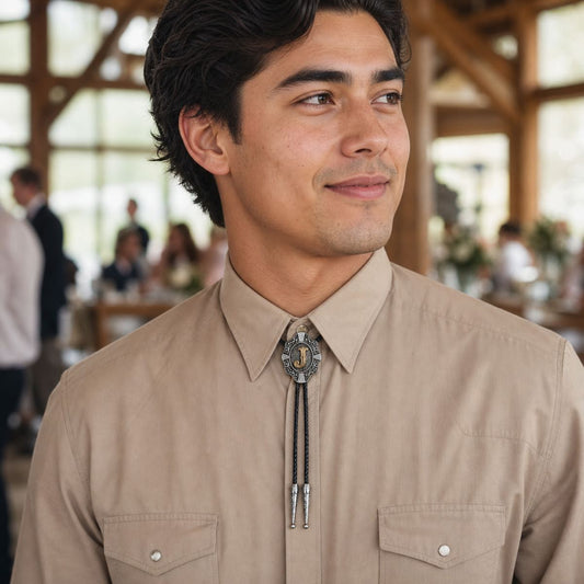 Young man wearing gold letter J Western bolo tie at a country wedding venue