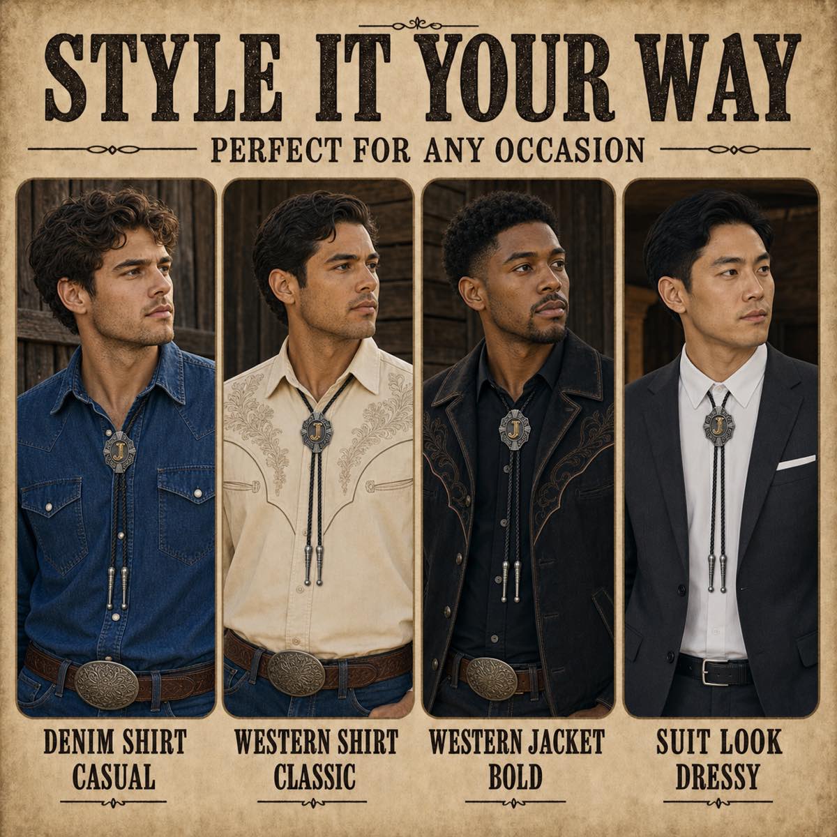 Gold letter J bolo tie four outfit styling guide