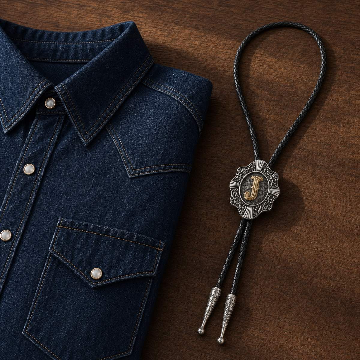 Gold letter J Western bolo tie beside denim shirt on walnut