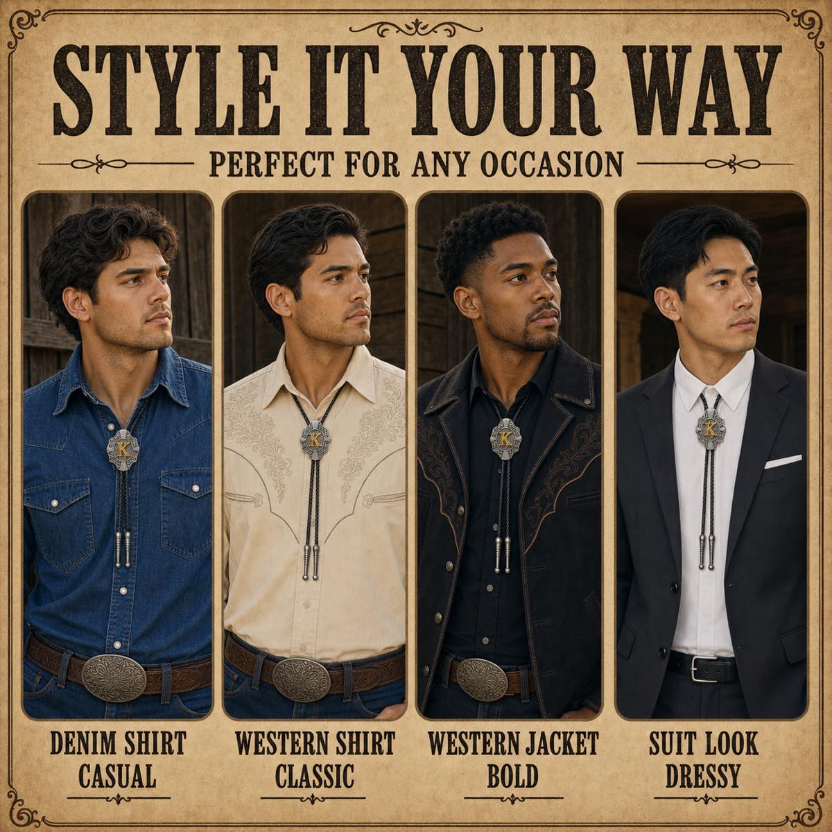 Gold letter K bolo tie four outfit styling guide
