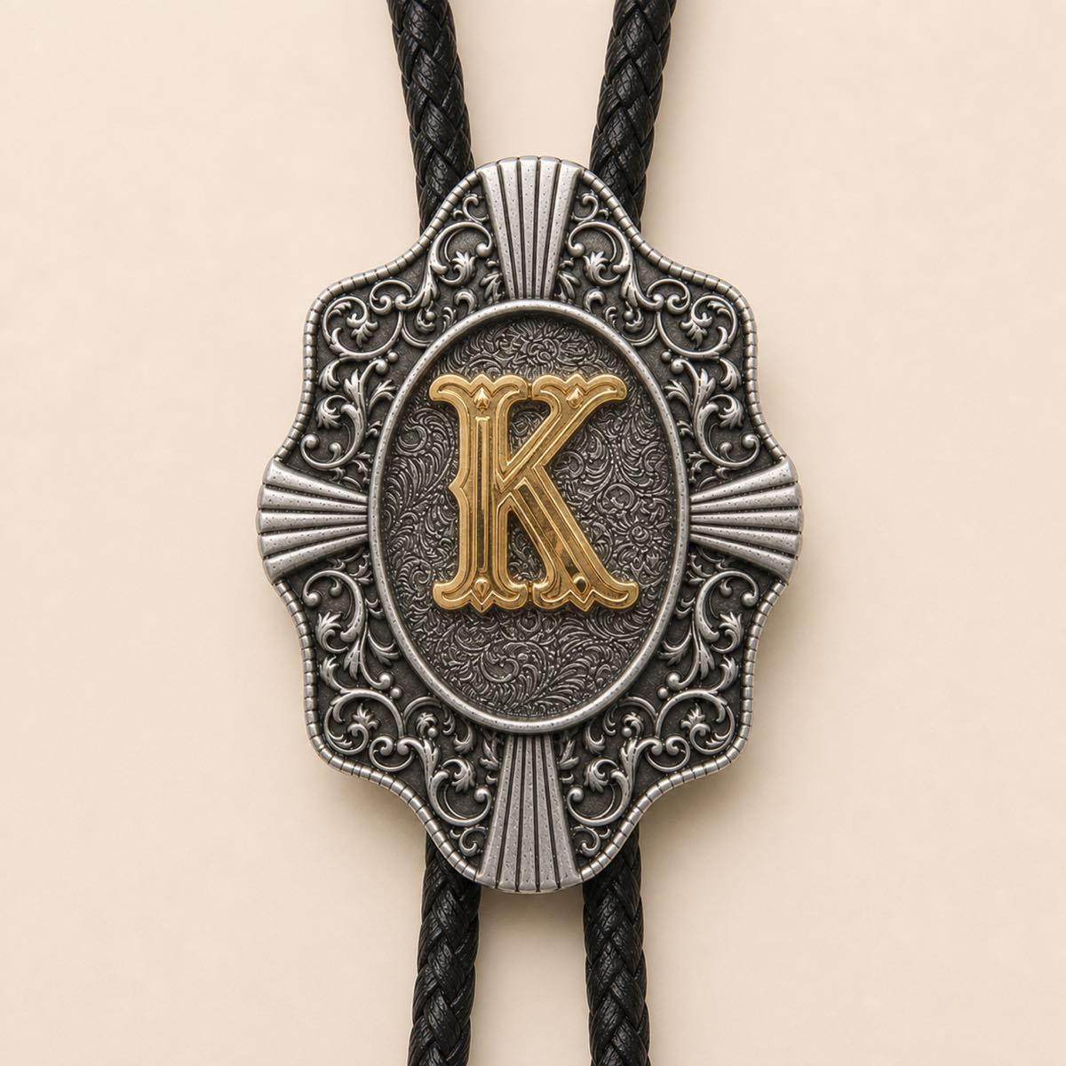 Close-up detail of ornate gold letter K bolo tie slide
