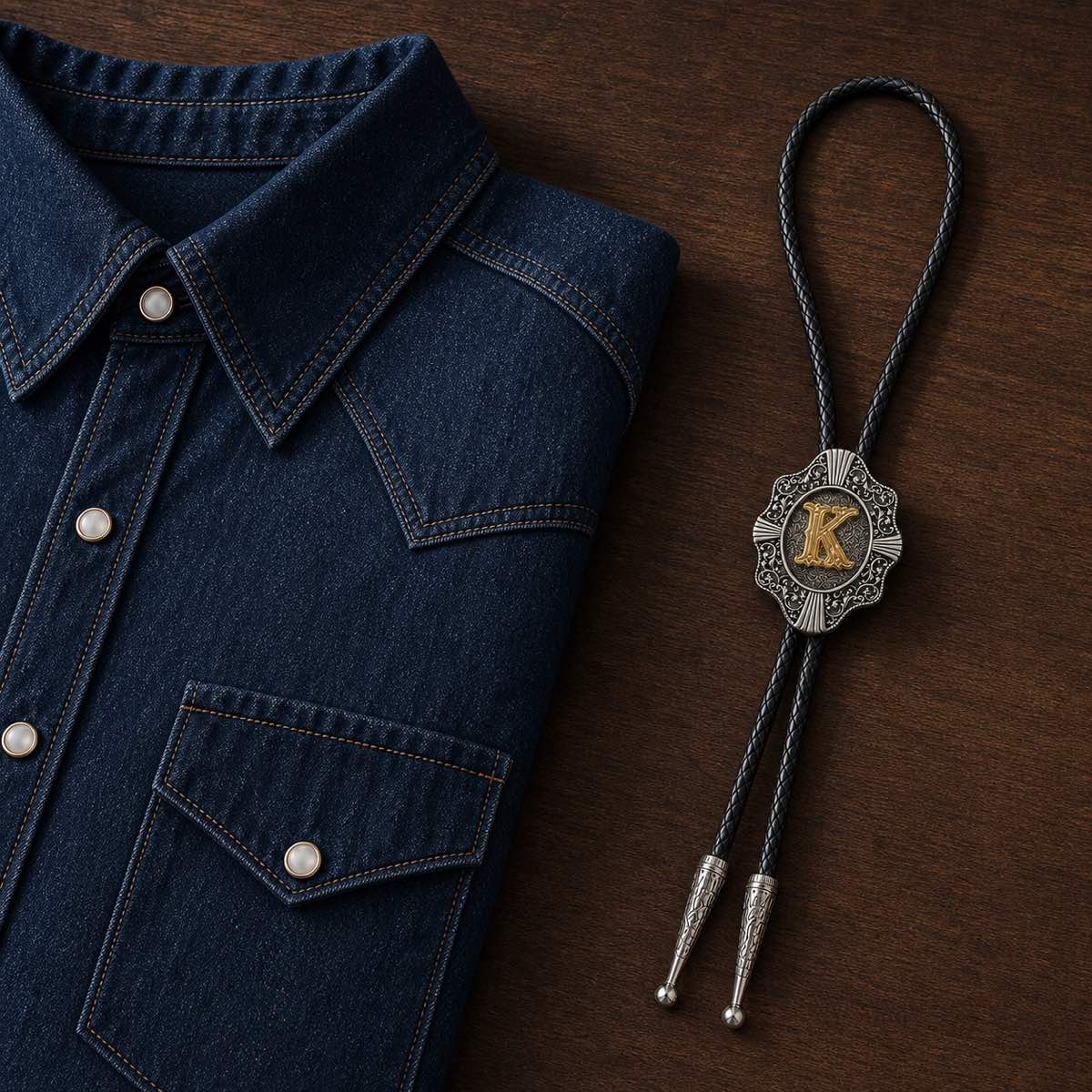 Gold letter K Western bolo tie beside denim shirt on walnut