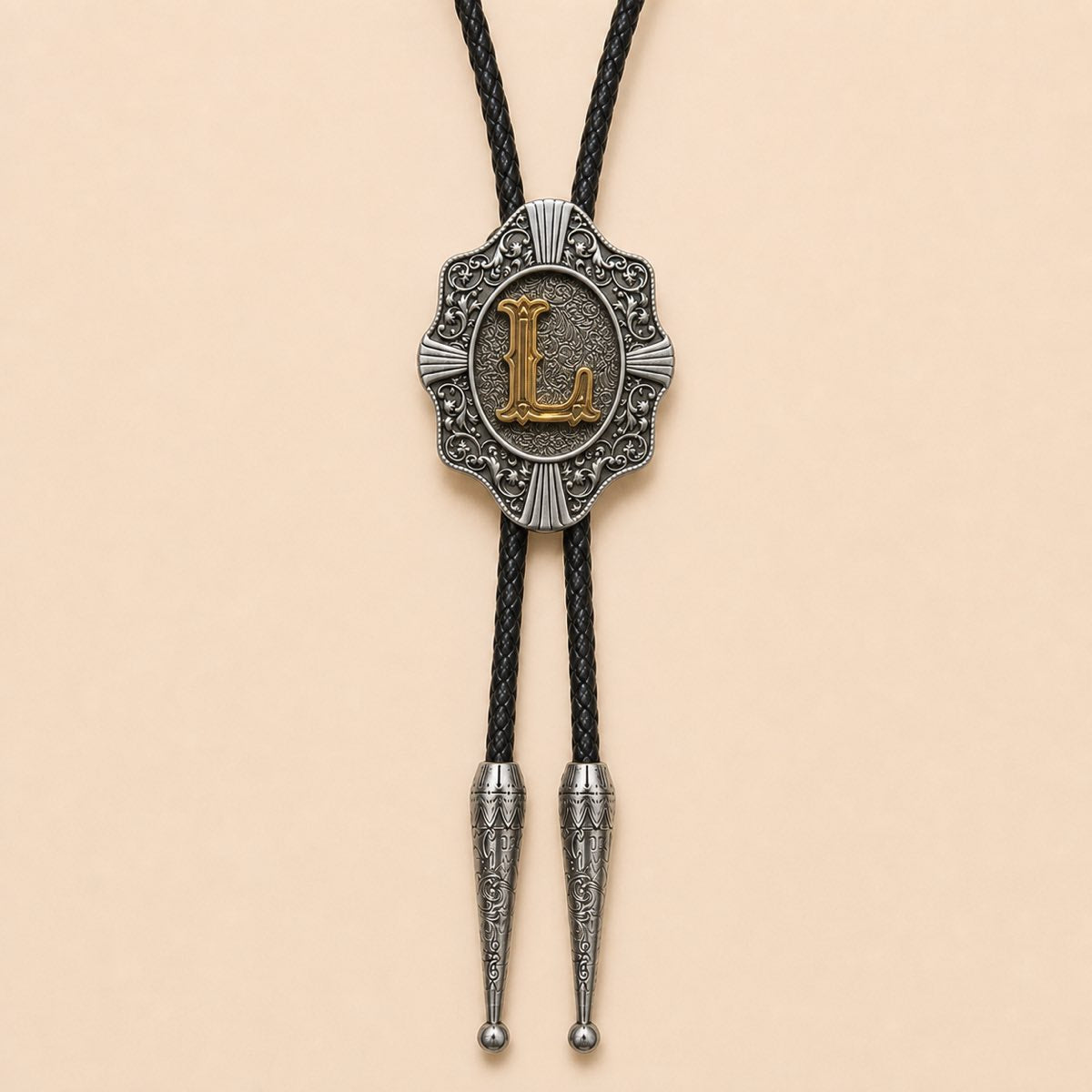 Gold letter L Western bolo tie full product on warm ivory background