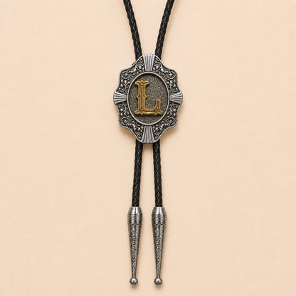 Gold letter L Western bolo tie full product on warm ivory background
