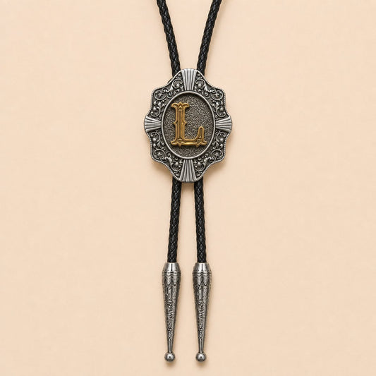 Gold letter L Western bolo tie full product on warm ivory background