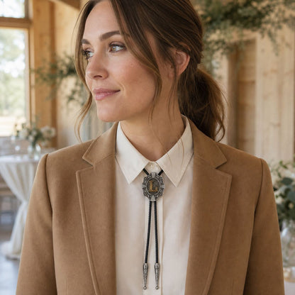 Young white American woman wearing gold letter L bolo tie at a modern country wedding