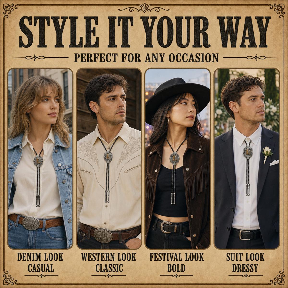 Gold letter L bolo tie styling guide with women and men across four occasions