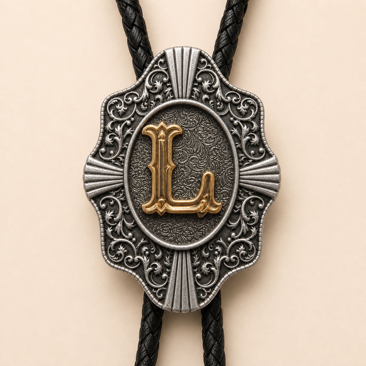 Close-up detail of ornate gold letter L bolo tie slide