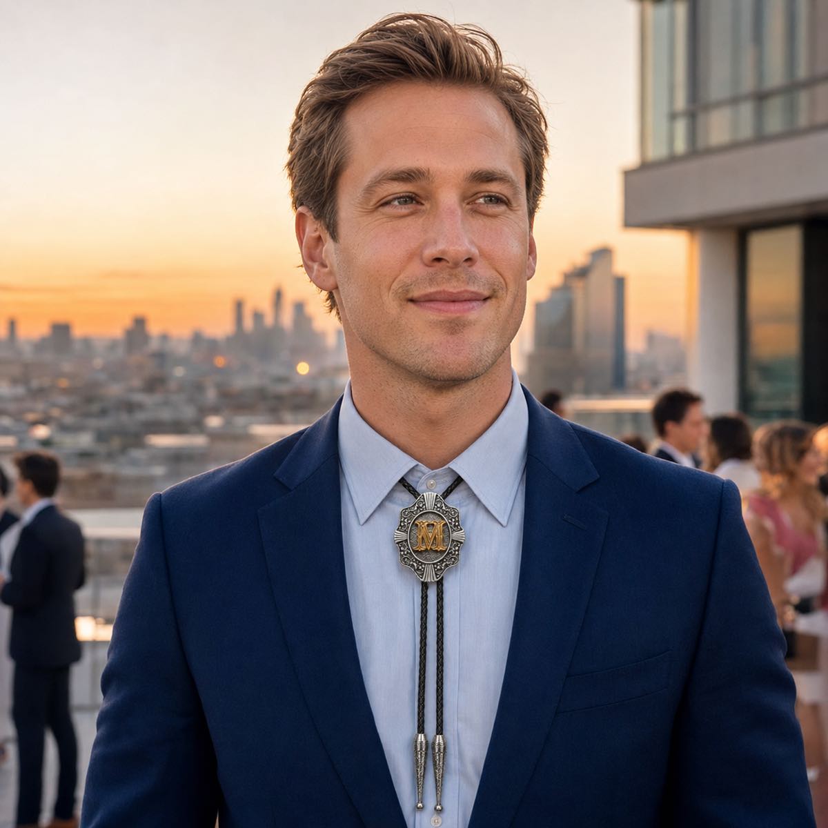 Young man wearing gold letter M bolo tie at a rooftop wedding