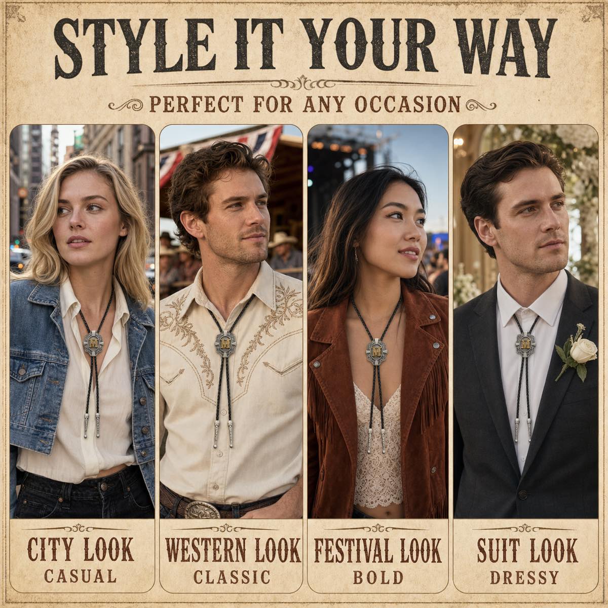 Four ways to style a gold letter M western bolo tie