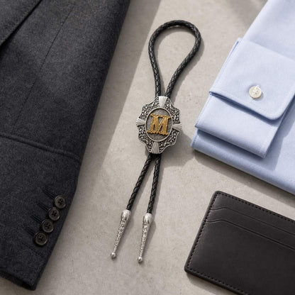 Gold letter M bolo tie with formal wardrobe accessories