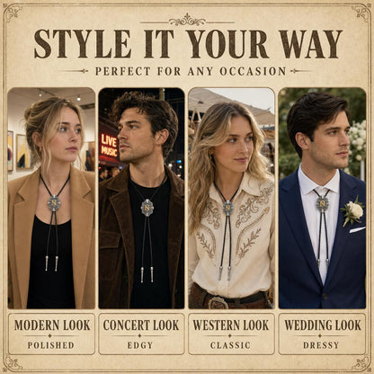 Four ways to style a gold letter N western bolo tie