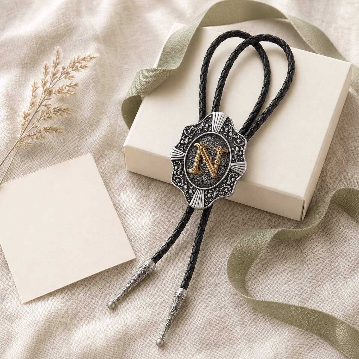Gold letter N personalized bolo tie gift presentation