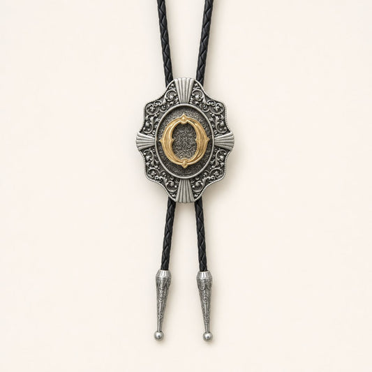 Gold letter O western bolo tie on ivory background