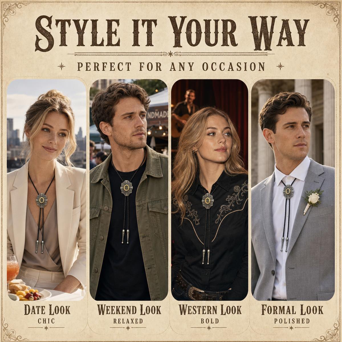 Four ways to style a gold letter O western bolo tie