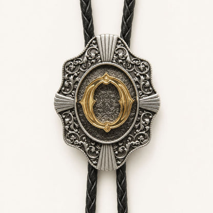 Gold letter O bolo tie engraved metal detail